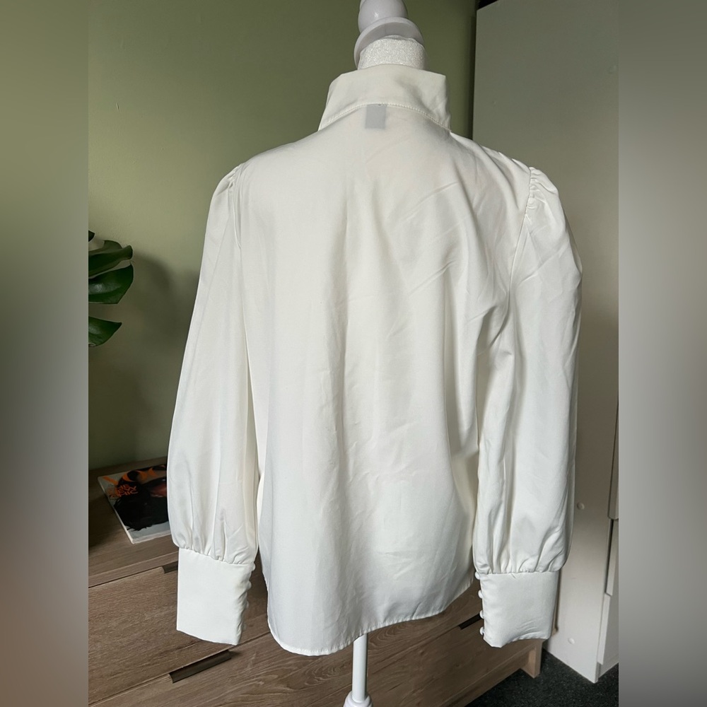 Off-White High Mock-Neck Long Sleeve Modest Asymmetrical Button Dow Shirt Blouse - Picture 5 of 16